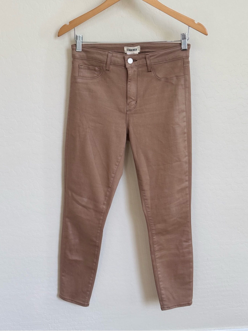 L'AGENCE Margot High-Rise Coated Skinny Jeans Nutmeg Taupe Size 27